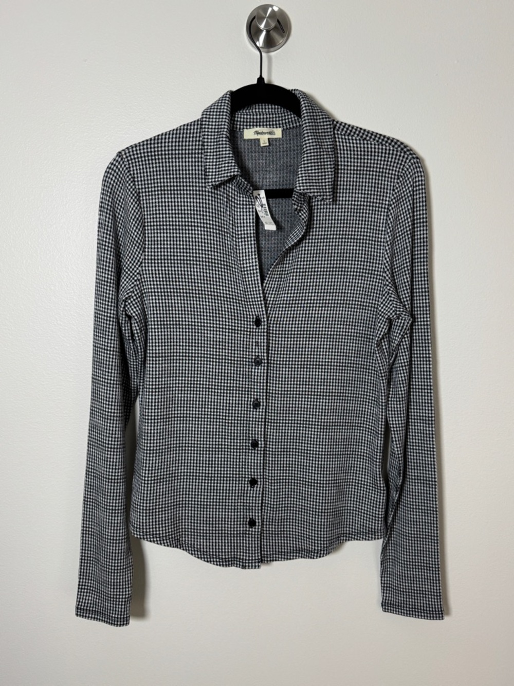 Madewell Black White Gingham Button Front Shirt Size L Long Sleeve Collared Top